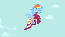 Size: 1920x1080 | Tagged: safe, screencap, rainbow dash, pegasus, pony, g4, inspiration manifestation, clothes, cloud, dress, female, flying, mare, mouth hold, outfit catalog, rainbow dash always dresses in style, solo