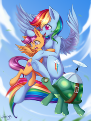 Size: 3000x4000 | Tagged: safe, artist:foxcarp, rainbow dash, scootaloo, tank, pegasus, pony, g4, chest fluff, cloud, cloudy, cutie mark, ear fluff, female, filly, flying, mare, open mouth, scared, scootalove, sky, smiling, the cmc's cutie marks, trio