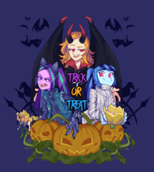 Size: 800x890 | Tagged: safe, artist:croakgua, adagio dazzle, aria blaze, sonata dusk, vampire, werewolf, equestria girls, g4, blue background, candy, clothes, fangs, food, halloween, halloween costume, holiday, horns, jack-o-lantern, looking at you, mummy, open mouth, pumpkin, raised eyebrow, short hair, simple background, smiling, the dazzlings, trick or treat, wings