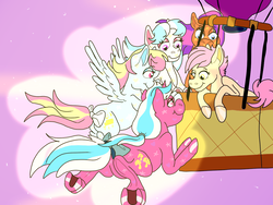 Size: 1280x960 | Tagged: safe, artist:honeytediz, brightglow, dazzleglow, happyglow, patch (g1), starglow, earth pony, pony, g1, my little pony tales, up up and away (episode), bow, glow 'n show ponies, hot air balloon, tail bow