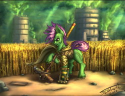 Size: 1400x1067 | Tagged: safe, artist:foldeath, oc, oc only, oc:jackslap, earth pony, pony, fallout equestria, drool, weapon
