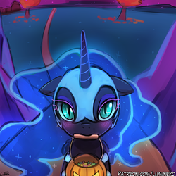 Size: 750x750 | Tagged: safe, artist:lumineko, nightmare moon, alicorn, pony, g4, armor, blushing, candy, cute, eyeshadow, female, filly, floppy ears, food, halloween, holiday, looking at you, lumineko is trying to murder us, makeup, moonabetes, mouth hold, nightmare woon, pumpkin bucket, slit pupils, solo, sweet dreams fuel, trick or treat