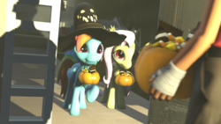 Size: 1920x1080 | Tagged: safe, artist:rainbowdashsnipers, fluttershy, rainbow dash, bat pony, g4, 3d, flutterbat, halloween, holiday, race swap, scout (tf2), source filmmaker, team fortress 2, trick or treat