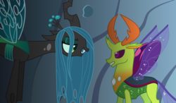 Size: 1024x597 | Tagged: safe, artist:mlp-trailgrazer, queen chrysalis, thorax, changedling, changeling, changeling queen, g4, changeling king, confrontation, duo, king thorax, size difference