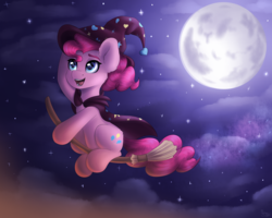Size: 2500x2000 | Tagged: safe, artist:spirit-dude, pinkie pie, g4, broom, cute, diapinkes, female, flying, flying broomstick, full moon, halloween, hat, high res, holiday, moon, smiling, solo, witch, witch hat