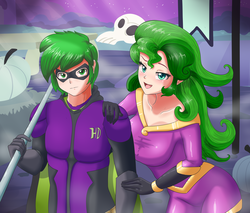 Size: 4116x3512 | Tagged: safe, artist:thebrokencog, mane-iac, spike, sunset shimmer, human, equestria girls, g4, breasts, busty sunset shimmer, clothes, costume, female, halloween, high res, holiday, humanized, humdrum costume, looking at you, male, nightwing, power ponies, ship:sunsetspike, shipping, smiling, straight