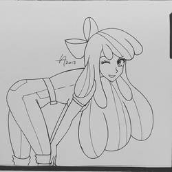 Size: 1172x1172 | Tagged: safe, artist:draftkid, apple bloom, human, g4, bow, clothes, female, humanized, inktober, jeans, leaning, leaning forward, monochrome, older, one eye closed, pants, sketch, solo, traditional art, wink