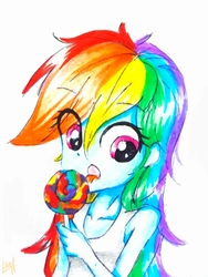 Size: 1704x2269 | Tagged: safe, artist:liaaqila, rainbow dash, equestria girls, g4, candy, clothes, cute, female, food, licking, lollipop, multicolored hair, solo, tongue out, traditional art