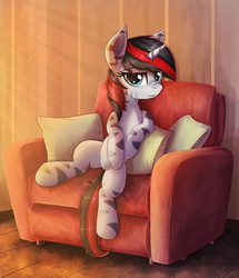 Size: 2000x2330 | Tagged: safe, artist:atlas-66, oc, oc only, oc:diamond brit, pony, unicorn, chair, female, high res, looking at you, mare, pillow, smiling, solo