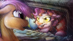Size: 3840x2160 | Tagged: safe, artist:lupiarts, pinkie pie, scootaloo, earth pony, pony, g4, balloon, clown, female, filly, glowing eyes, high res, it, mare, open mouth, pennywise, pinkiewise, rain, signature, storm drain, teeth, this will end in cupcakes, water, yellow eyes