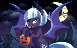 Size: 1600x1000 | Tagged: safe, oc, oc only, bat pony, pony, crescent moon, female, halloween, holiday, jack-o-lantern, looking at you, mare, moon, pumpkin, rearing, smiling, solo