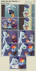 Size: 3600x6975 | Tagged: safe, artist:helmie-art, rainbow dash, rumble, scootaloo, soarin', pony, comic:things they did together, g4, boop, clothes, comic, costume, female, halloween, holiday, male, nightmare night, ship:soarindash, shipping, straight