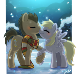 Size: 1080x1024 | Tagged: safe, artist:caramelcorgi, derpy hooves, doctor whooves, time turner, pony, g4, clothes, female, male, scarf, ship:doctorderpy, shipping, straight
