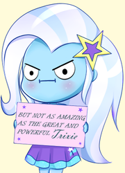 Size: 337x469 | Tagged: safe, artist:electricshine, edit, trixie, equestria girls, g4, :i, blushing, chibi, clothes, comic, cropped, female, glare, looking at you, sign, solo, tsundere, yellow background