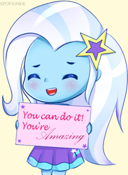 Size: 337x462 | Tagged: safe, artist:electricshine, edit, trixie, equestria girls, g4, blushing, chibi, clothes, comic, cute, diatrixes, eyes closed, female, motivational, open mouth, positive ponies, sign, simple background, smiling, yellow background