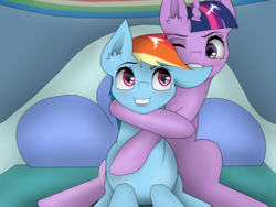 Size: 4000x3000 | Tagged: safe, artist:zeronitroman, rainbow dash, twilight sparkle, pony, g4, bed, biting, ear bite, female, lesbian, ship:twidash, shipping