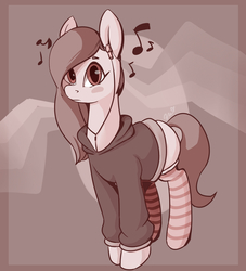 Size: 1000x1100 | Tagged: safe, artist:passigcamel, oc, oc only, pony, abstract background, clothes, earbuds, female, hoodie, mare, music, music notes, socks, solo, striped socks
