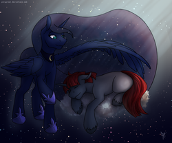 Size: 1600x1333 | Tagged: safe, artist:yarugreat, princess luna, alicorn, pony, unicorn, g4, commission, female, male, mare, protecting, sleeping, smiling, stallion, ych result