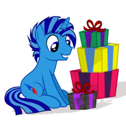 Size: 2647x2647 | Tagged: dead source, safe, artist:nevermattie, oc, oc only, pony, unicorn, birthday, cute, happy, high res, male, simple background, smiling, solo, stallion, vector