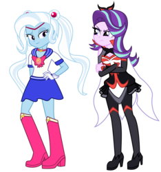 Size: 2088x2230 | Tagged: safe, artist:lifes-remedy, starlight glimmer, trixie, equestria girls, g4, anime, boots, clothes, cosplay, costume, crossed arms, crossover, halloween, high heel boots, high heels, high res, holiday, kelly sheridan, lolirock, pigtails, praxina, sailor moon (series), shoes, skirt, voice actor joke