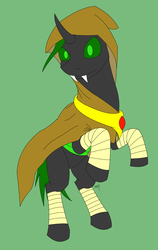 Size: 1139x1799 | Tagged: safe, artist:crazeguy, derpibooru exclusive, oc, oc only, oc:puppet, changeling, cape, changeling oc, cloak, clothes, green background, green changeling, holeless, simple background, solo