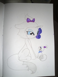 Size: 3000x4000 | Tagged: safe, artist:beetrue, opalescence, rarity, pony, g4, animal costume, cat costume, clothes, costume, high res, sitting, traditional art