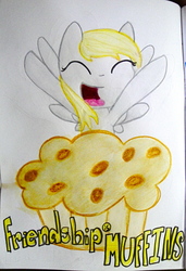 Size: 2591x3791 | Tagged: safe, artist:beetrue, derpy hooves, pony, g4, female, food, high res, muffin, solo, traditional art