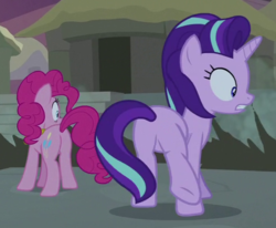 Size: 492x405 | Tagged: safe, screencap, pinkie pie, starlight glimmer, earth pony, pony, unicorn, g4, shadow play, balloonbutt, butt, cropped, female, glimmer glutes, mare, plot