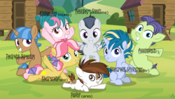 Size: 3200x1800 | Tagged: safe, edit, edited screencap, screencap, cucumber seed, kettle corn, mocha berry, pipsqueak, rumble, skeedaddle, tulip swirl, earth pony, pegasus, pony, unicorn, g4, marks and recreation, colt, female, filly, foal, male