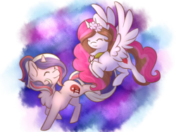 Size: 1024x768 | Tagged: safe, artist:wasatgemini, oc, oc only, oc:lighting heart, oc:wasat, alicorn, pony, unicorn, alicorn oc, chest fluff, eyes closed, female, mare, smiling