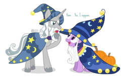 Size: 1140x700 | Tagged: safe, artist:dm29, star swirl the bearded, twilight sparkle, pony, g4, shadow play, bells, cape, clothes, comparison, cute, eye contact, fake beard, fangirl, halloween, halloween costume, happy, hat, holiday, looking at each other, open mouth, pumpkin, raised eyebrow, simple background, smiling, star swirl the bearded costume, swirlabetes, thinking, transparent background, twiabetes, wizard hat