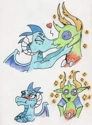 Size: 1004x1366 | Tagged: safe, artist:kuroneko, derpibooru exclusive, princess ember, thorax, changedling, changeling, dragon, g4, blushing, colored pencil drawing, comic, dragoness, female, heart, interspecies, king thorax, kiss on the lips, kissing, male, ship:embrax, shipping, sparkles, straight, traditional art, tsundember, tsundere