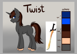 Size: 733x509 | Tagged: safe, artist:twigileia, oc, oc only, oc:twisty, pony, unicorn, male, reference sheet, smiling, solo