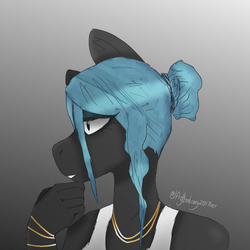 Size: 1024x1024 | Tagged: safe, artist:itzdatag0ndray, queen chrysalis, changeling, changeling queen, anthro, g4, alternate hairstyle, bust, female, gold, gradient background, jewelry, solo, thinking