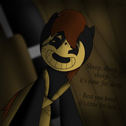 Size: 1024x1024 | Tagged: safe, artist:aarondrawsarts, oc, oc only, oc:brain teaser, bendy and the ink machine, clothes, costume, creepy, dialogue, halloween, holiday, nightmare night, nightmare night costume, sammy lawrence