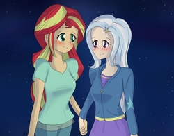 Size: 1400x1100 | Tagged: safe, artist:rmariansj, sunset shimmer, trixie, equestria girls, g4, blushing, clothes, female, holding hands, human coloration, lesbian, looking at each other, night, pants, ship:suntrix, shipping, shirt, smiling, stars
