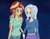 Size: 1400x1100 | Tagged: safe, artist:rmariansj, sunset shimmer, trixie, human, equestria girls, g4, blushing, clothes, female, holding hands, human coloration, lesbian, looking at each other, night, pants, ship:suntrix, shipping, shirt, smiling, stars