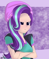Size: 1000x1200 | Tagged: safe, artist:rmariansj, starlight glimmer, equestria girls, g4, angry, beanie, clothes, crossed arms, cute, female, glimmerbetes, hat, human coloration, madorable, shirt, solo, vest