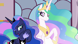 Size: 1280x720 | Tagged: safe, screencap, princess celestia, princess luna, alicorn, pony, g4, shadow play, amused, beautiful, crown, duo, ethereal mane, female, flowing mane, hoof shoes, jewelry, mare, multicolored mane, multicolored tail, raised hoof, regalia, royal sisters, sisters, smiling