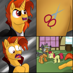 Size: 1024x1024 | Tagged: safe, artist:foal, apple bloom, babs seed, sunburst, earth pony, pony, unicorn, g4, animal costume, clothes, comic, costume, cross, cutie mark, facial hair, fangs, female, filly, goatee, haircut, male, open mouth, scissors, shaving, shrunken pupils, stallion, wide eyes, wolf costume