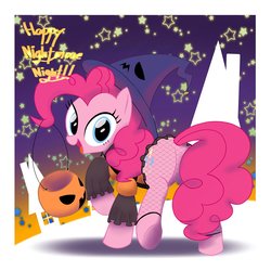 Size: 2048x2048 | Tagged: safe, artist:lemonspark, pinkie pie, g4, cute, diapinkes, female, fishnet stockings, halloween, hat, high res, holiday, pumpkin bucket, solo, witch hat