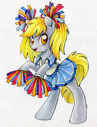 Size: 600x783 | Tagged: safe, artist:maytee, derpy hooves, pegasus, pony, g4, clothes, costume, cute, derpabetes, female, mare, pom pom, rearing, simple background, skirt, skirt lift, smiling, solo, traditional art, underp