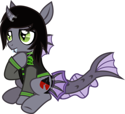 Size: 998x915 | Tagged: safe, artist:lightningbolt, derpibooru exclusive, half-siren, hybrid, pony, g4, .svg available, cardboard, clothes, costume, curved horn, drop dead clothing, fake fangs, fangs, fins, fish tail, hoof on chest, horn, jacket, jewelry, kellin quinn, lidded eyes, looking offscreen, male, necklace, nightmare night costume, ponified, show accurate, simple background, sitting, sleeping with sirens, slit pupils, smiling, solo, stallion, svg, tape, transparent background, trap, vector