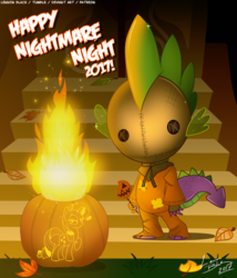 Size: 1200x1400 | Tagged: safe, artist:lennonblack, rarity, spike, dragon, g4, clothes, costume, fire, halloween, holiday, jack-o-lantern, looking at you, mask, pumpkin, sam, samhain, trick 'r treat