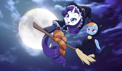 Size: 1267x747 | Tagged: safe, artist:dstears, edit, rainbow dash, rarity, cat, pegasus, pony, unicorn, g4, animal costume, broom, cat costume, clothes, colored, costume, cute, dashabetes, female, flying, flying broomstick, full moon, halloween, holiday, lesbian, mare, moon, raribetes, ship:raridash, shipping, socks, striped socks, thigh highs, witch