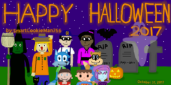 Size: 1400x700 | Tagged: safe, artist:humberto2000, artist:smartcookieman756, sunny flare, bat, cat, ghost, equestria girls, g4, barely pony related, black cat, broom, clothes, conker, costume, cross, grave, halloween, holiday, jack-o-lantern, male, nick wilde, pumpkin, scarecrow, superman, witch, zootopia
