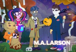 Size: 1000x684 | Tagged: safe, artist:pixelkitties, first base, flash sentry, sci-twi, twilight sparkle, equestria girls, g4, book, clothes, costume, dracula, draculaura, equestria girls-ified, fox mulder, halloween, halloween (movie), halloween costume, holiday, knife, m.a. larson, michael myers, monster high, pennyroyal academy, pixelkitties' brilliant autograph media artwork, sam, trick 'r treat, x-files