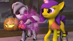 Size: 3840x2160 | Tagged: safe, artist:goatcanon, derpibooru exclusive, twilight sparkle, oc, oc:lemontwist, oc:servo, g4, 3d, chell, clothes, halloween, high res, holiday, jack-o-lantern, portal (valve), portal gun, pumpkin, shoes, source filmmaker