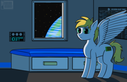 Size: 1400x900 | Tagged: safe, artist:niccosaint, oc, oc only, oc:cutting chipset, pegasus, pony, bed, clock, planet, poster, solo, space, space station, stars