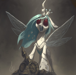 Size: 1056x1045 | Tagged: safe, artist:grissaecrim, queen chrysalis, changeling, changeling queen, g4, exoskeleton, fangs, female, gradient background, gray background, molting, open mouth, red eyes, shed skin, simple background, solo, spread wings, wings